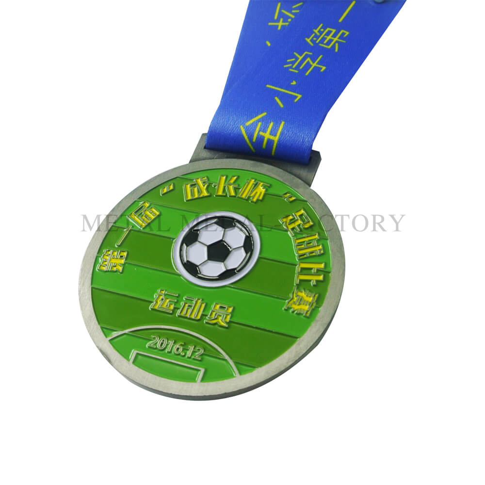 Custom metal soft enamel soccer medals with ribbon