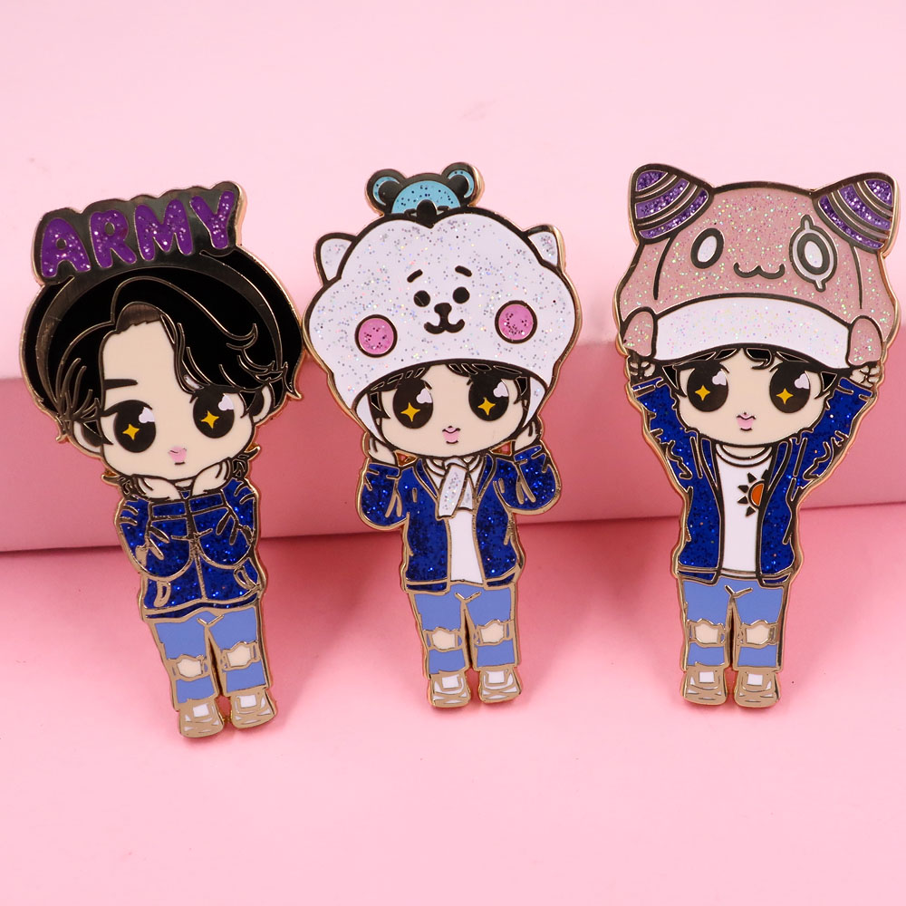 Custom glitter Hard Soft Enamel Pin Lapel Pin Metal Badge Rose Gold Plating B T S Kpop Glitter Enamel Pin